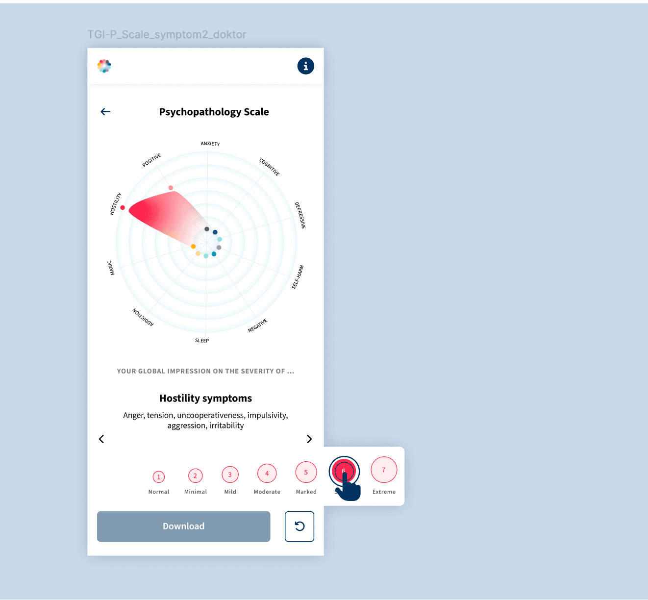 Screenshot showing the symptom rating interface with a radar chart and severity scale from 1 to 7
